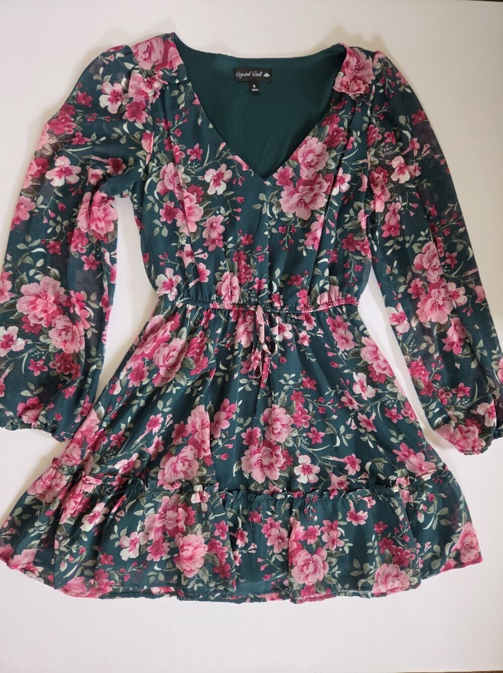 Ditsy floral mini dress sheer long sleeves feminine cottage core girly size S